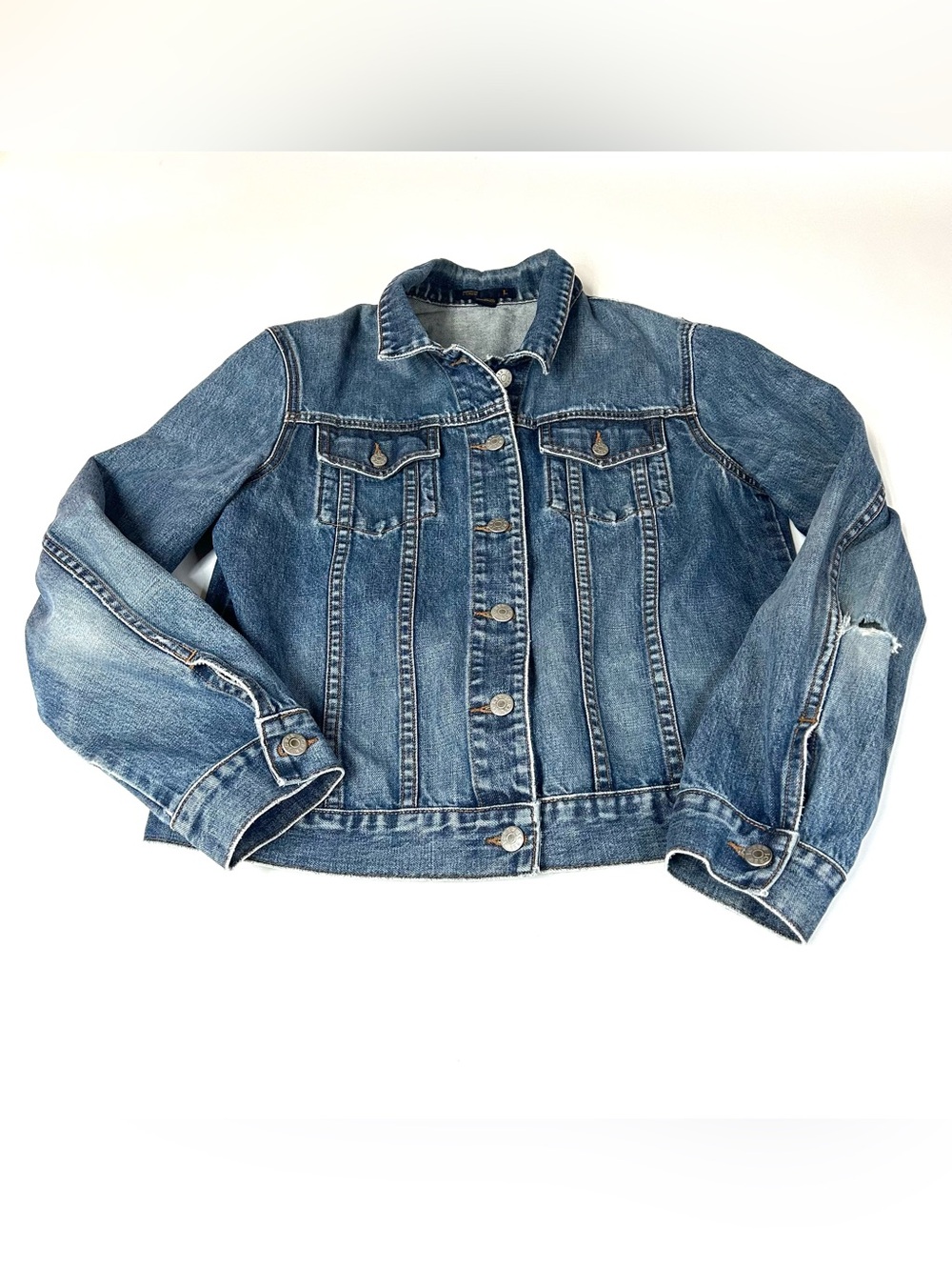 J Crew Women’s Size Large Jean Jacket Button Up 100% Cotton Dark Wash Blue #1154